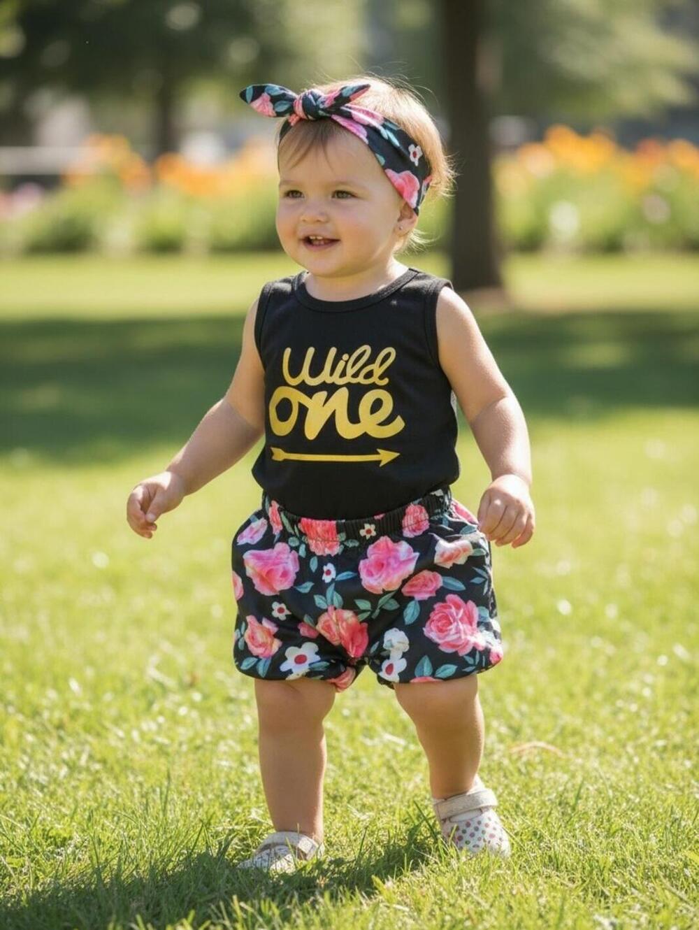Baby Girl Wild One Floral 3-Piece Outfit Set Black Pink Gold Size (18-24 months)
